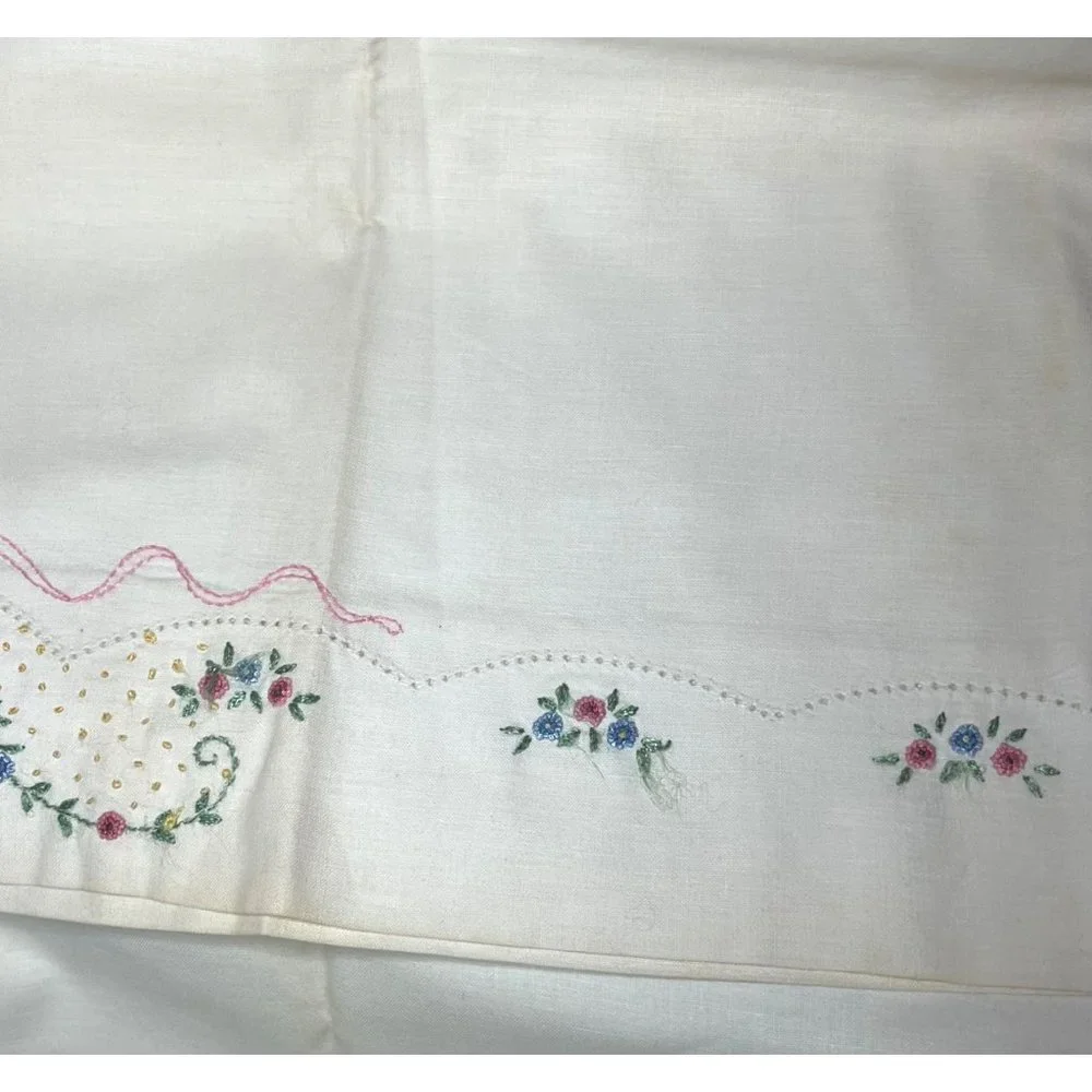 Vintage Hand-Embroidered Single Pillowcase Pink & Blue Floral Bouquet